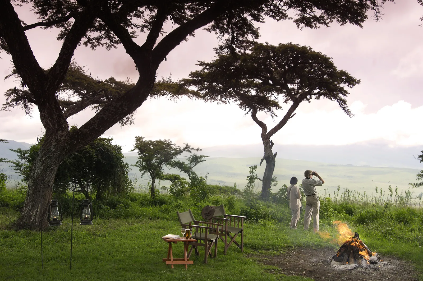 Safari chairs around the campfire beneath an acacia