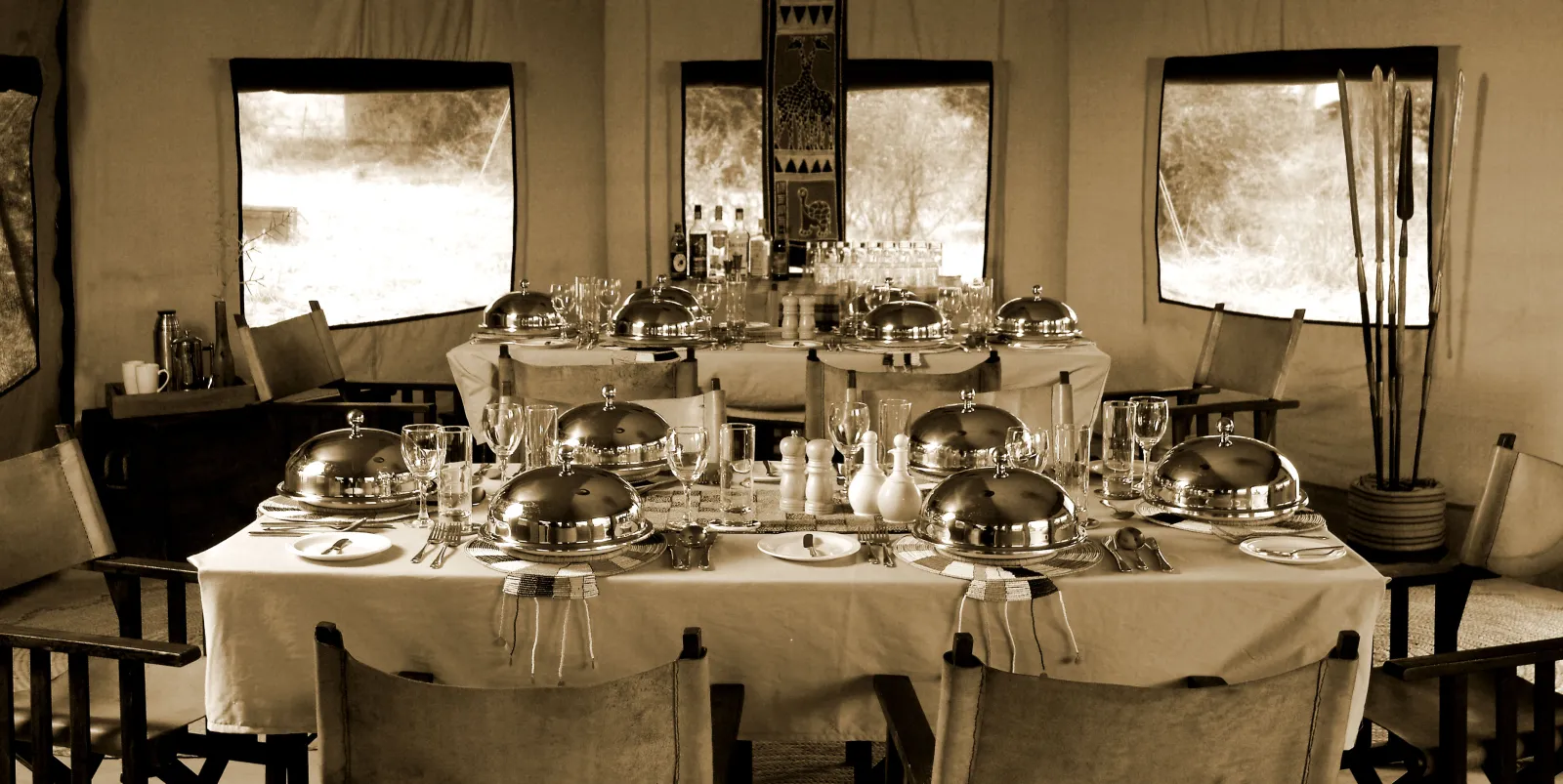 The dining tent laid for dinner