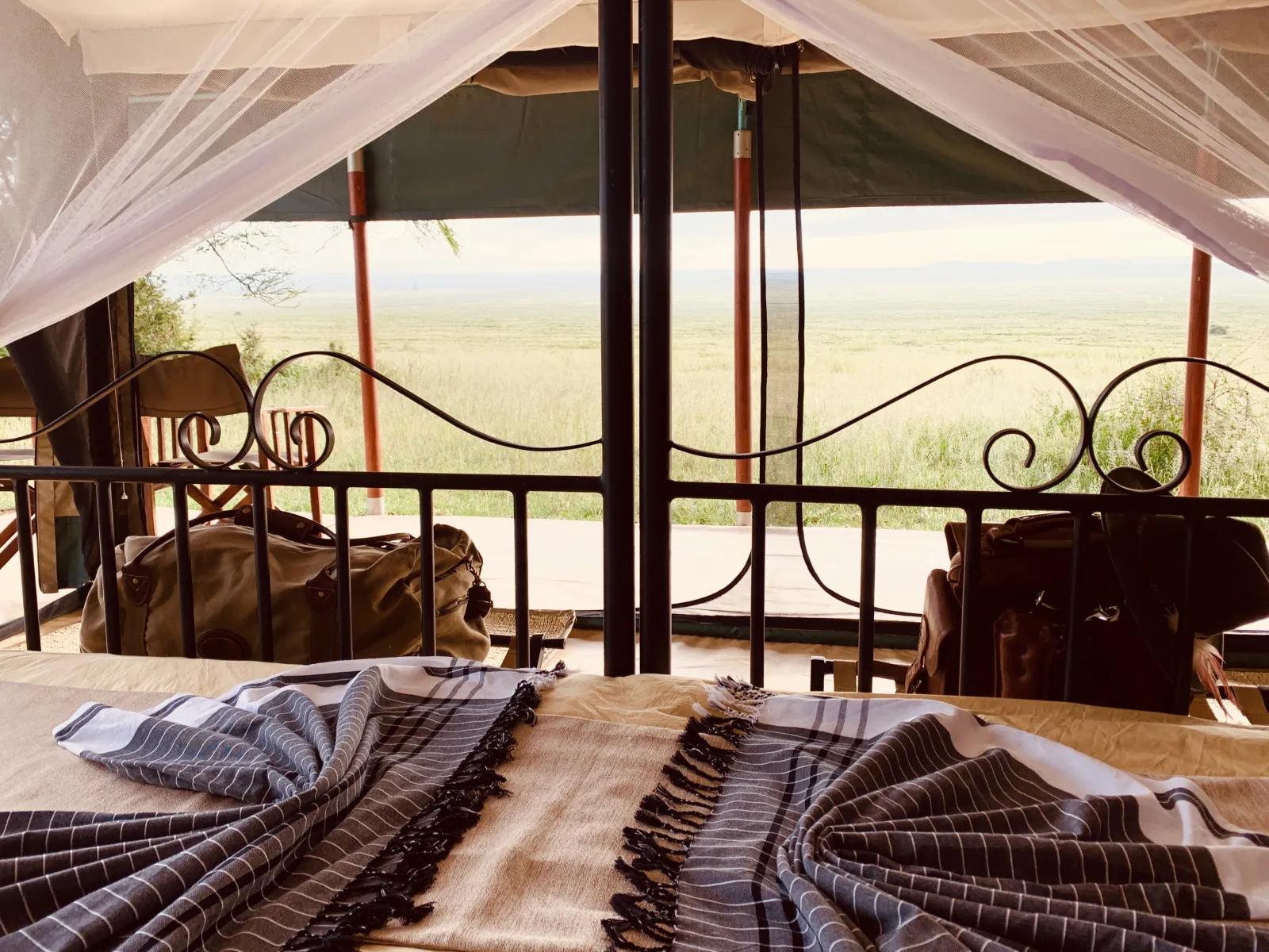 A North Camp tent bed looking out over the plains