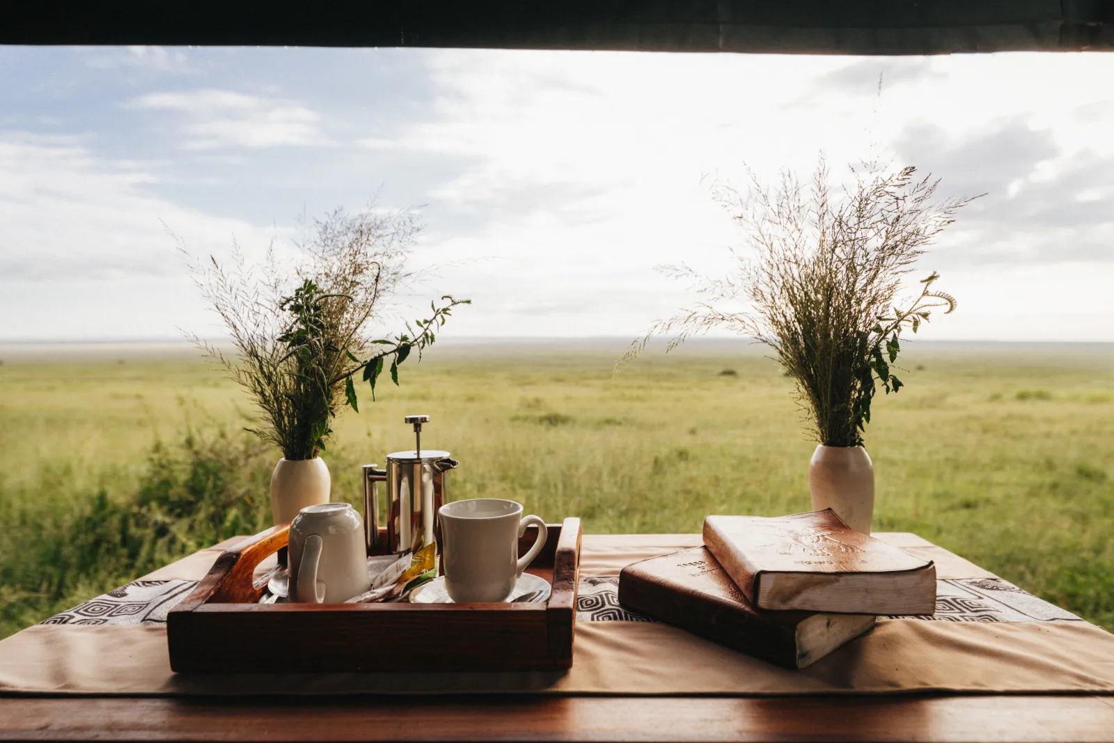 Morning tea laid out at the tent, facing the plains
