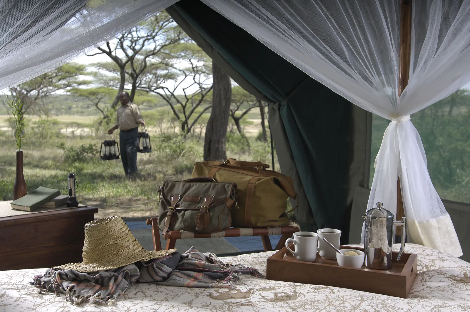 Morning coffee laid out in a Serengeti camp tent